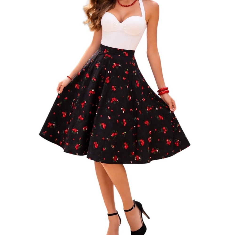 Yarn & Ink Womens Black Cherry Print‎ A-Line Midi Skirt Cotton Blend Size Large